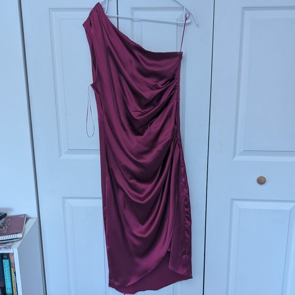 Rachel Zoe Hot Pink Satin Ruched One Shoulder Dress